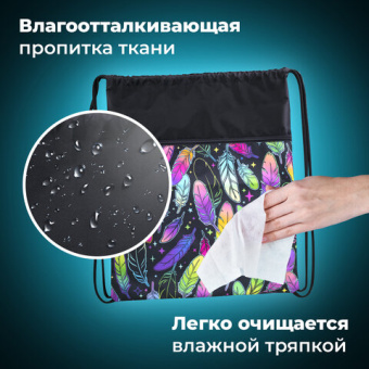 Мешок для обуви BRAUBERG БОЛЬШОЙ, с ручкой, карман на молнии, сетка, 49х41 см, "Feathers", 271057