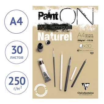 Скетчбук - альбом для смешанных техник 30л., А4, на склейке Clairefontaine "Paint'ON Naturel", 250г/