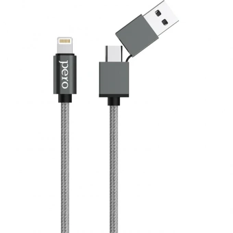 Кабель PERO, DC-07, 1м, Type-C/USB-A to Lightning, 20W, серый