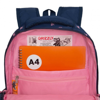 Рюкзак GRIZZLY школьный, анатомическая спинка, 2 отделения, для девочек, "PINK BOWS", 39х30х20 см, R