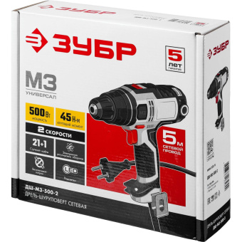 Дрель-шуруповерт сетевая ЗУБР ДШ-М3-500-2,  500 В