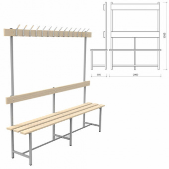 Скамья с вешалкой, спинкой "СВТ 6", 1765х2000х395 мм, 14 крючков, каркас металлический серый, сидень