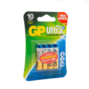 Батарейки КОМПЛЕКТ 4 шт., GP Ultra Plus, AAA (LR03, 24А), алкалиновые, мизинчиковые, блистер, 24AUP-