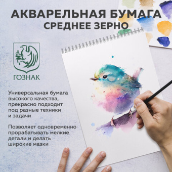 Бумага для акварели А4, 40 л., "СИРЕНЕВЫЙ БУКЕТ", среднее зерно, 200 г/м2, ГОЗНАК, BRAUBERG ART "CLASSIC"
