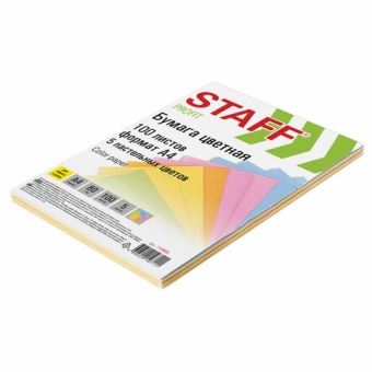 Бумага цветная STAFF "Profit", А4, 80 г/м2, 100 л. (5 цв. х 20 л.), пастель, для офиса и дома, 11088
