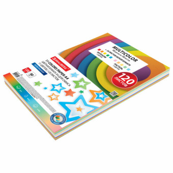 Бумага цветная 11 цветов BRAUBERG "MULTICOLOR", А4, 80 г/м2, 120 л. (10 цветов x 10 листов + 20 белых листов), 116012