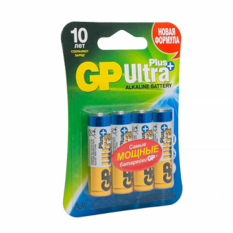 Батарейки КОМПЛЕКТ 4 шт., GP Ultra Plus, AA (LR06, 15А), алкалиновые, пальчиковые, блистер, 15AUP-2C