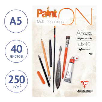 Скетчбук - альбом для смешанных техник 40л., А5, на склейке Clairefontaine "Paint'ON", 250г/м2, мелк
