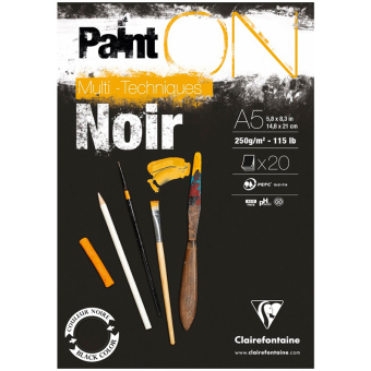 Скетчбук - альбом для смешанных техник 20л., А5, на склейке Clairefontaine "Paint'ON Noir", 250г/м2,