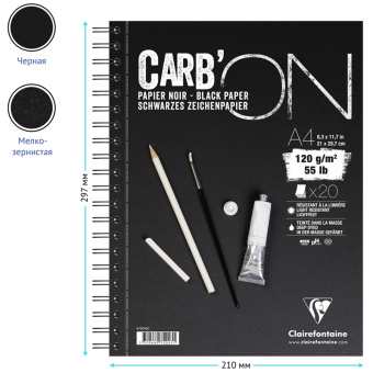 Скетчбук-тетрадь 20л., А4 Clairefontaine "Carb ON", на гребне, 120г/м2, мелкозерн., черный