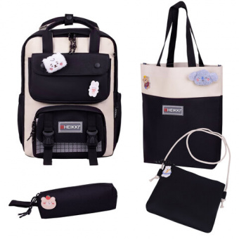 Рюкзак HEIKKI COMBO (ХЕЙКИ), сумка-шоппер, косметичка, пенал В ПОДАРОК, бело-черный, 42х30х14 см,272